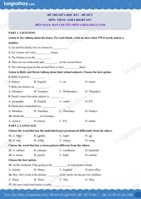 Đề thi giữa kì 1 Tiếng Anh 6 Right on! - Đề số 5